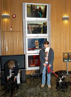 Cathy and I with Woody and Barney having just arrived at the BBC TV studios to do our live segment on the BBC World Service 'Cooking with Dogs'