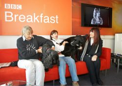 Cathy, Fay and I at the BBC TV Studios trying to keep order while we wait for our live segment on the BBC World Service Cooking for Dogs