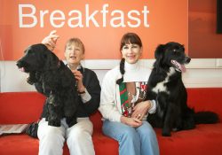 Cathy trying to get Woody to smile for the camera as we wait for our shot at TV stardom on the BBC World Service Cooking for Dogs live segment
