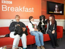 Barney deciding to pose for the camera. Woody still camera shy as Cathy, Fay and I wait for our time in front of the camera for the BBC World Service Cooking for Dogs live segment