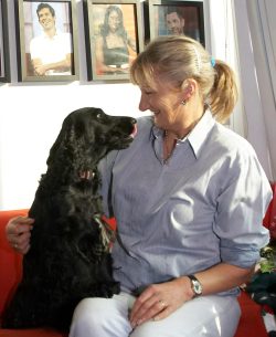 Cathy and Woody in a moment of mutual admiration as we hang out in the orange room waiting for our moment before the TV cameras in the BBC World Service Cooking for Dogs live segment