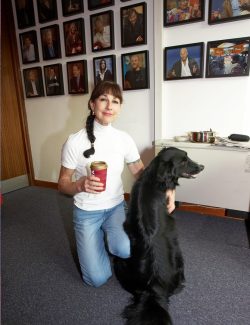 Me having a "keep me awake" cup of coffee. It was an early start following a very early start the day before when we went to Heathrow to pick up Cathy. Here Barney and I try to keep our cool as we wait for our moment in front of the TV cameras for the BBC World Service Cooking for Dogs live segment