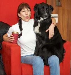 Barney and I having a meditational moment psyching ourselves for our moment in front of the camera for the BBC World Service Cooking for Dogs live segment